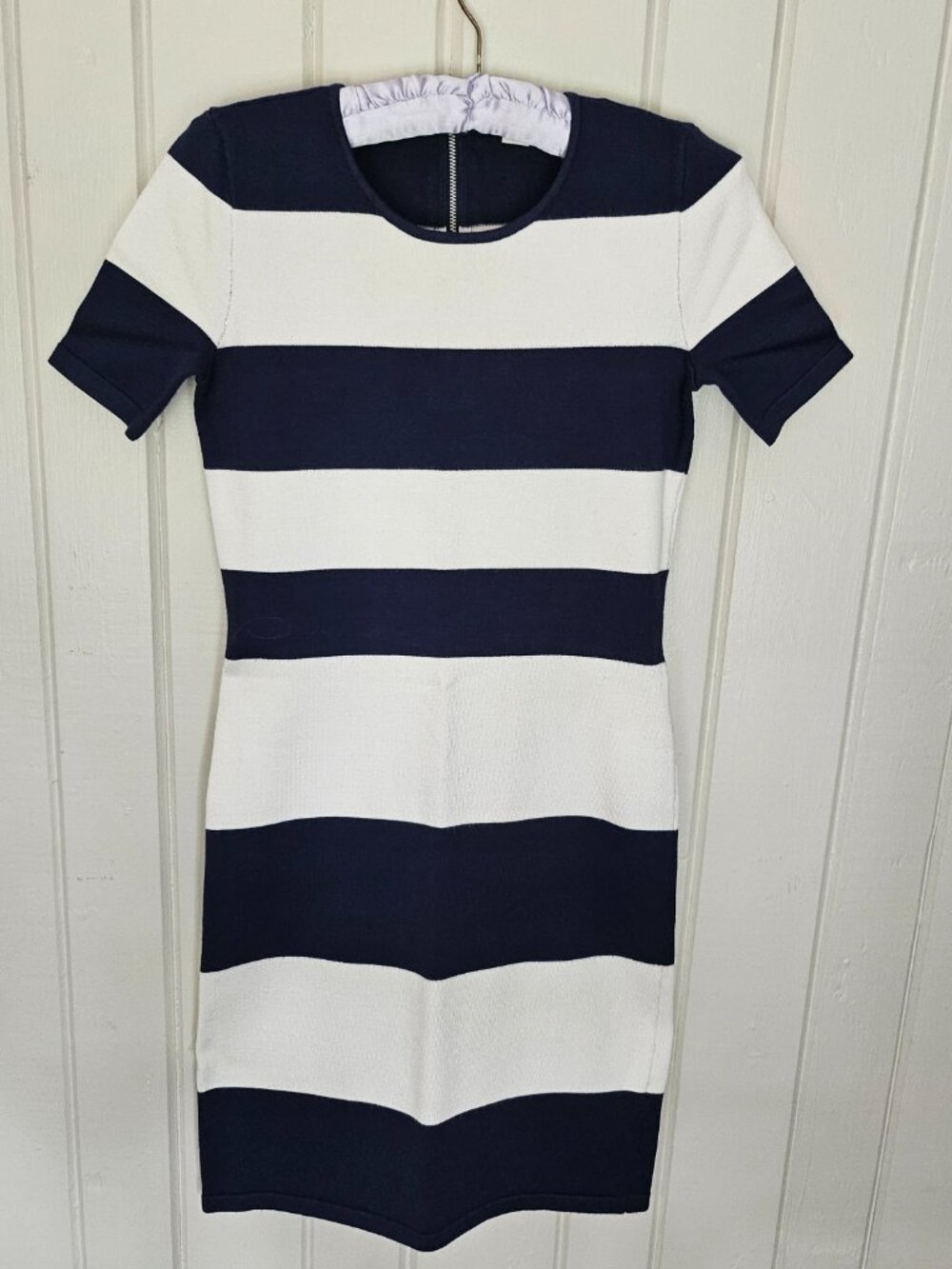 BOSTON PROPER NAVY & WHITE STRIPED KNIT SHORT SLEEVED DRESS W/  ZIPPER SZ XXS
